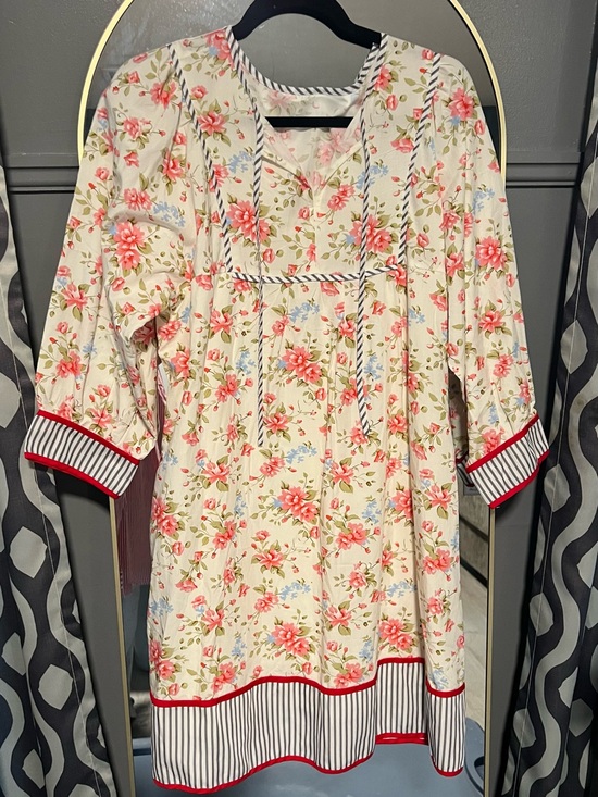 La Society Dresses & Skirts - Floral Cream Mini Dress with Pink Blooms and Striped Trim